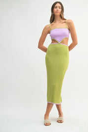 MABLE Lime Ribbed Knit Color Block Cutout Midi Dress | Midi Dresses Daverri Fashions