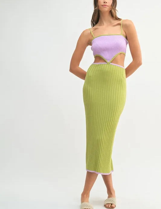 MABLE Lime Ribbed Knit Color Block Cutout Midi Dress | Midi Dresses Daverri Fashions