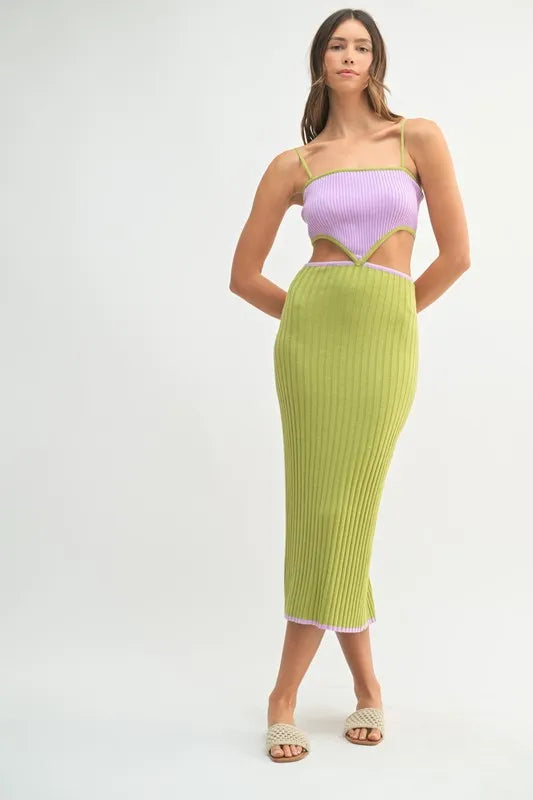 MABLE Lime Ribbed Knit Color Block Cutout Midi Dress Midi Dresses