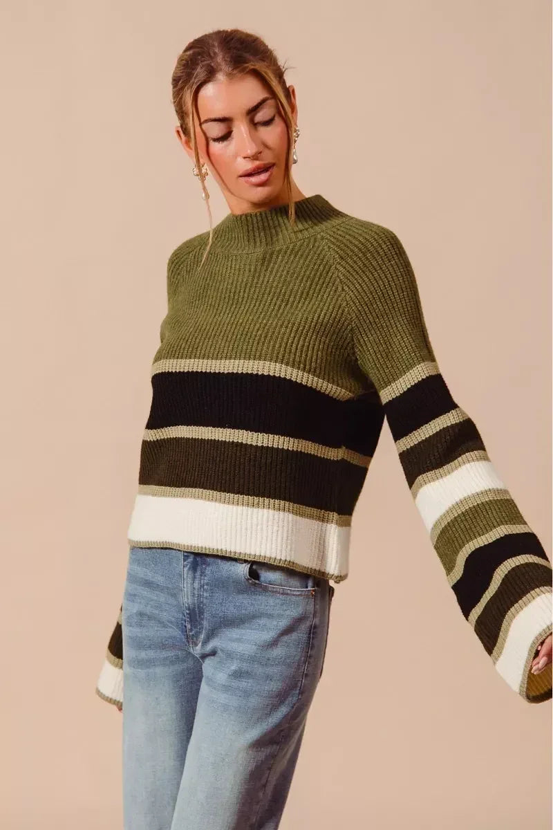 SO ME Multi Color Striped Mock Neck Sweater - DAVERRI FASHIONS