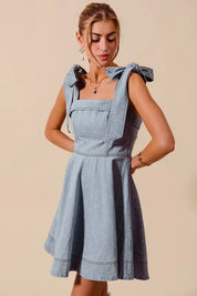 SO ME A Line Fit and Flare Diamond Bow Ribbon Denim Dres | Mini Dresses Daverri Fashions