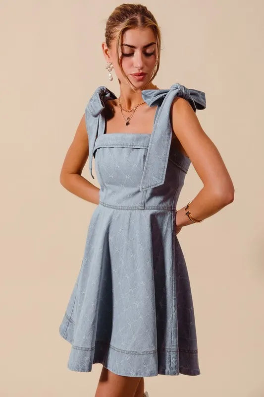 SO ME A Line Fit and Flare Diamond Bow Ribbon Denim Dres Mini Dresses