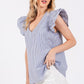 Ces Femme Striped V-Neck Ruffled Cap Sleeve Blouse - DAVERRI FASHIONS