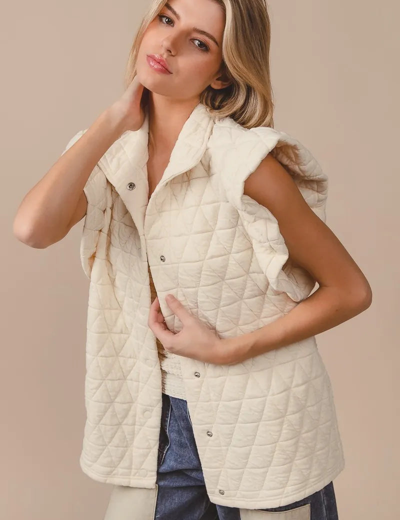 OATMEAL BiBi Quilting Knit Ruffle Sleeve Vest | Daverri Fashions