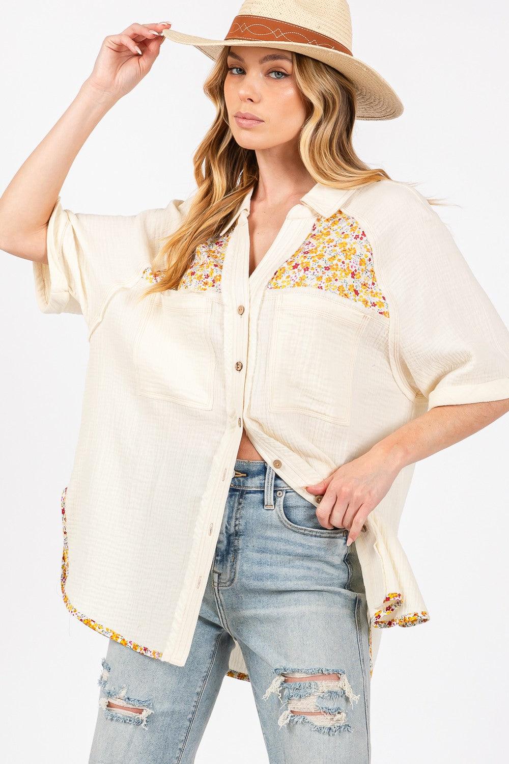 SAGE + FIG Full Size Floral Detail Button Up Short Sleeve Shirt Ivory Shirts
