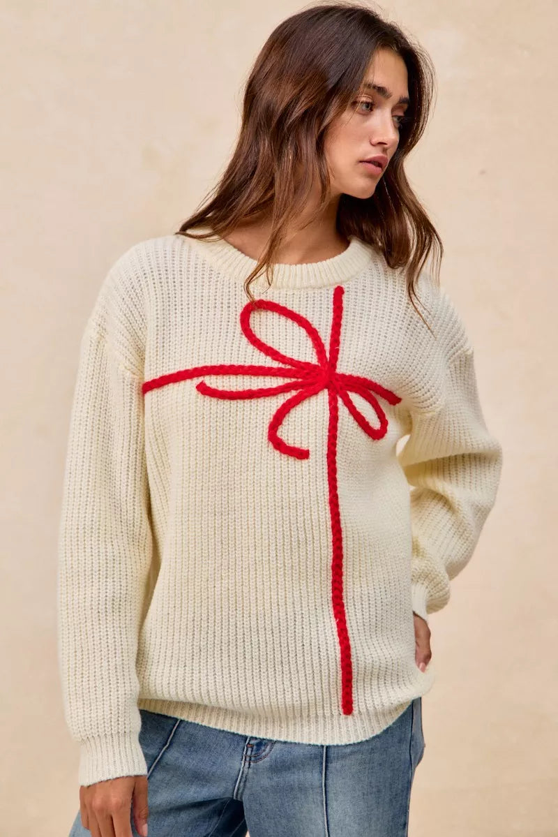 BiBi Christmas Ribbon Bow Embroidery Sweater | Sweaters Daverri Fashions