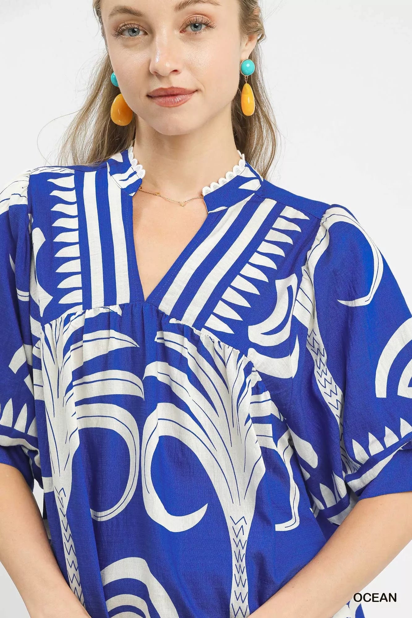 Umgee Folk Art Palm Print Puff Sleeve Blouse | Blouses Daverri Fashions