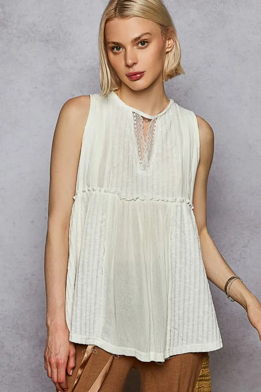 POL Lace Trim Round Neck Tank with Pintuck Detail White Tank Tops