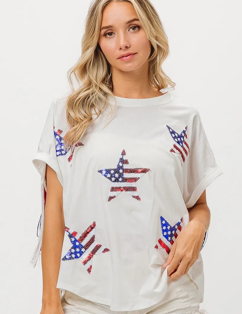 BiBi American Flag Sequin Star Fringe Top | Tops Daverri Fashions