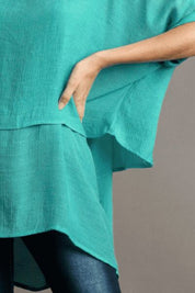 Umgee Turquoise Cuffed Half Sleeve Layered Blouse Blouses