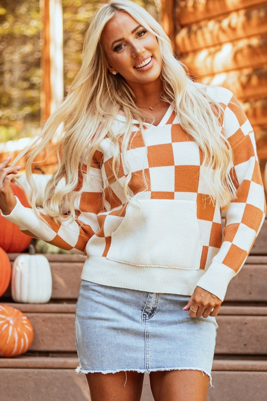 Lila Checkered Kangaroo Pocket Hooded Sweater | Sweaters Daverri Fashions