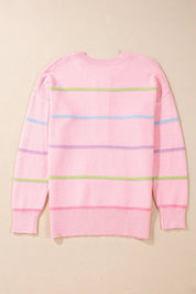Contrast Striped Half Button Round Neck Sweater | Sweaters Daverri Fashions