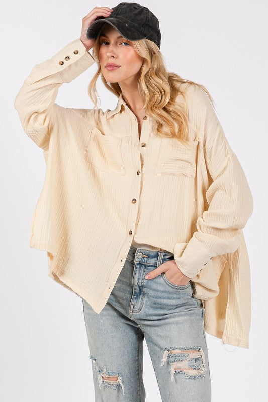 SAGE + FIG Frayed Hem Side Slit Button Down Shirt