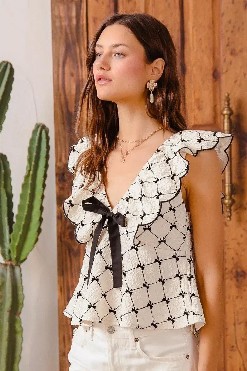 SO ME Bow Texture Jacquard Woven Top with Scallop and Tie - DAVERRI FASHIONS