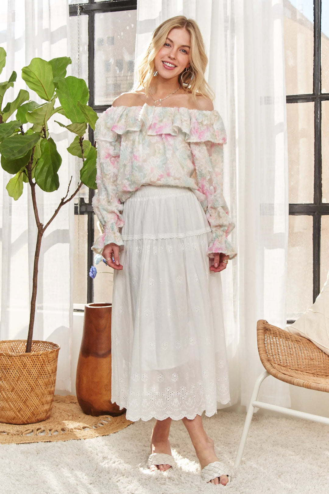 ADORA Ruffled Off Shoulder Floral Blouse Tops