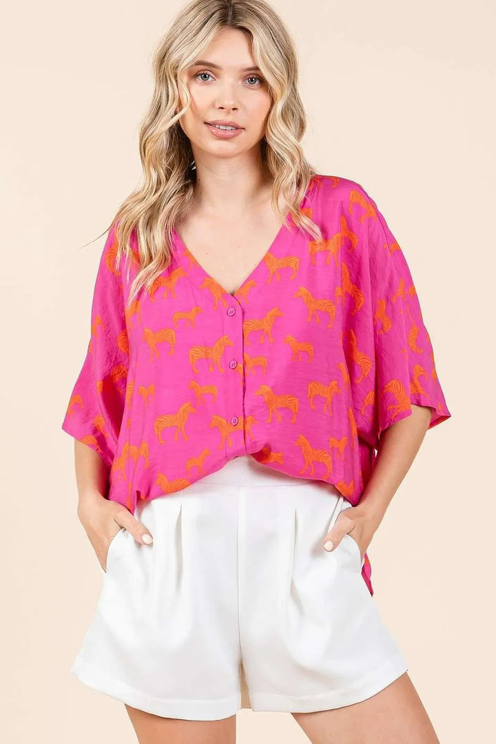 Mittoshop Zebra Print V-Neck Button Down Dolman Sleeve Top Tops