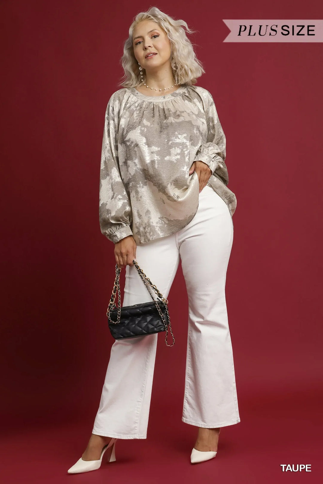 Umgee Full Size Metallic Fabric Blouse with Balloon Sleeves Plus Size | Blouses Daverri Fashions