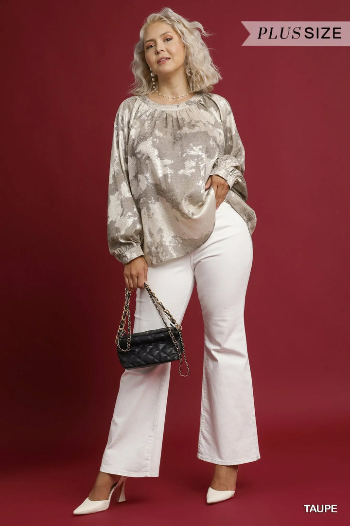 Umgee Full Size Metallic Fabric Blouse with Balloon Sleeves Plus Size | Blouses Daverri Fashions