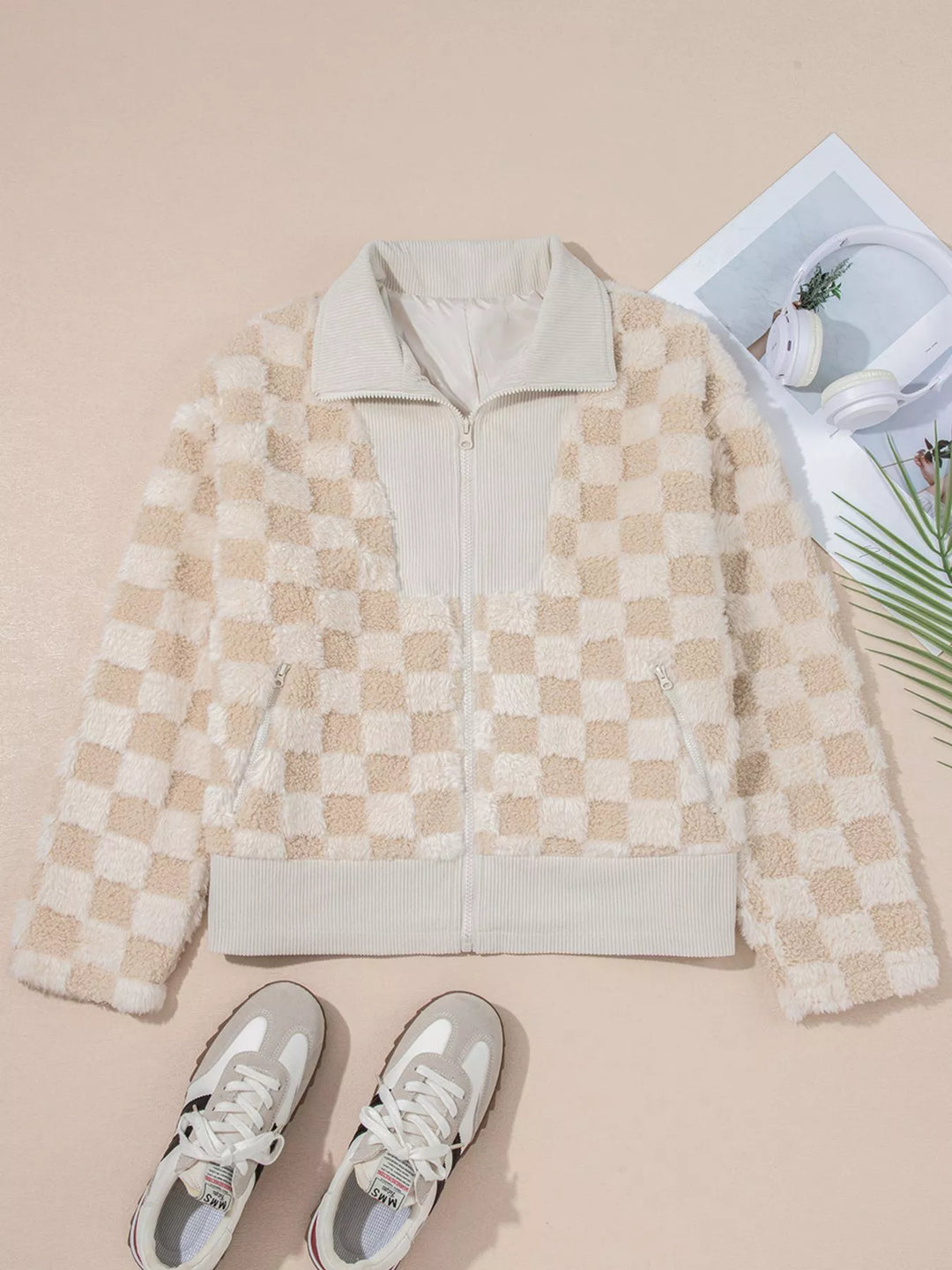 Checker Sherpa Corduroy Patchwork Zip Up Jacket | Jackets Daverri Fashions