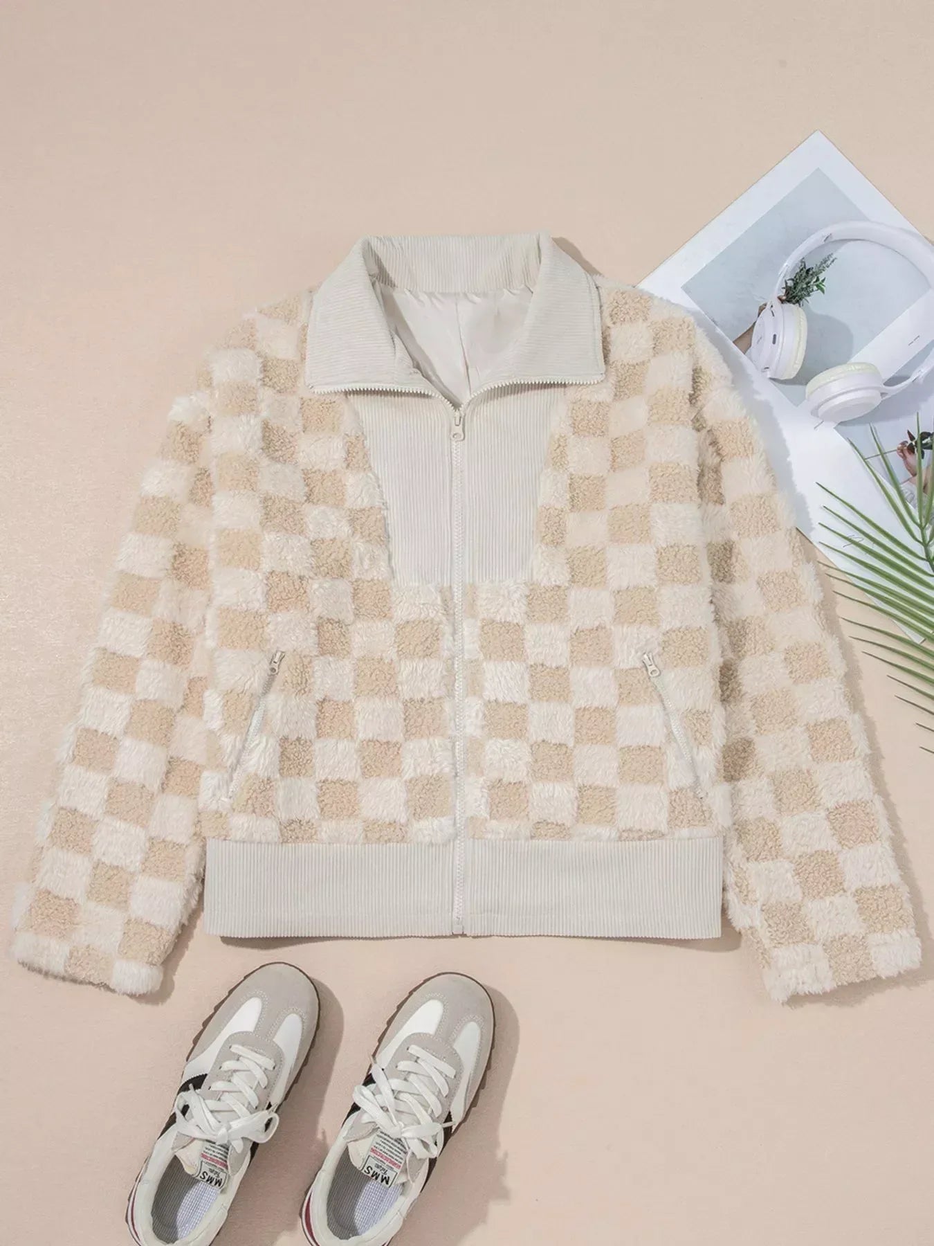 Checker Sherpa Corduroy Patchwork Zip Up Jacket - DAVERRI FASHIONS