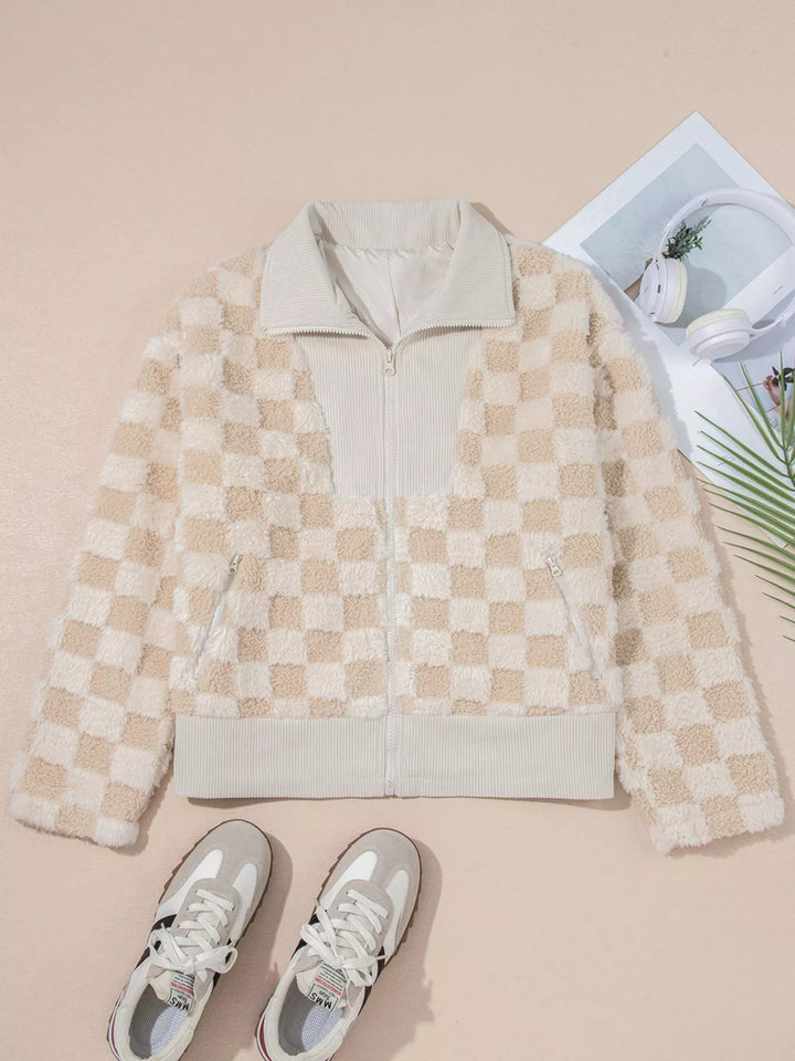 Checker Sherpa Corduroy Patchwork Zip Up Jacket | Jackets Daverri Fashions
