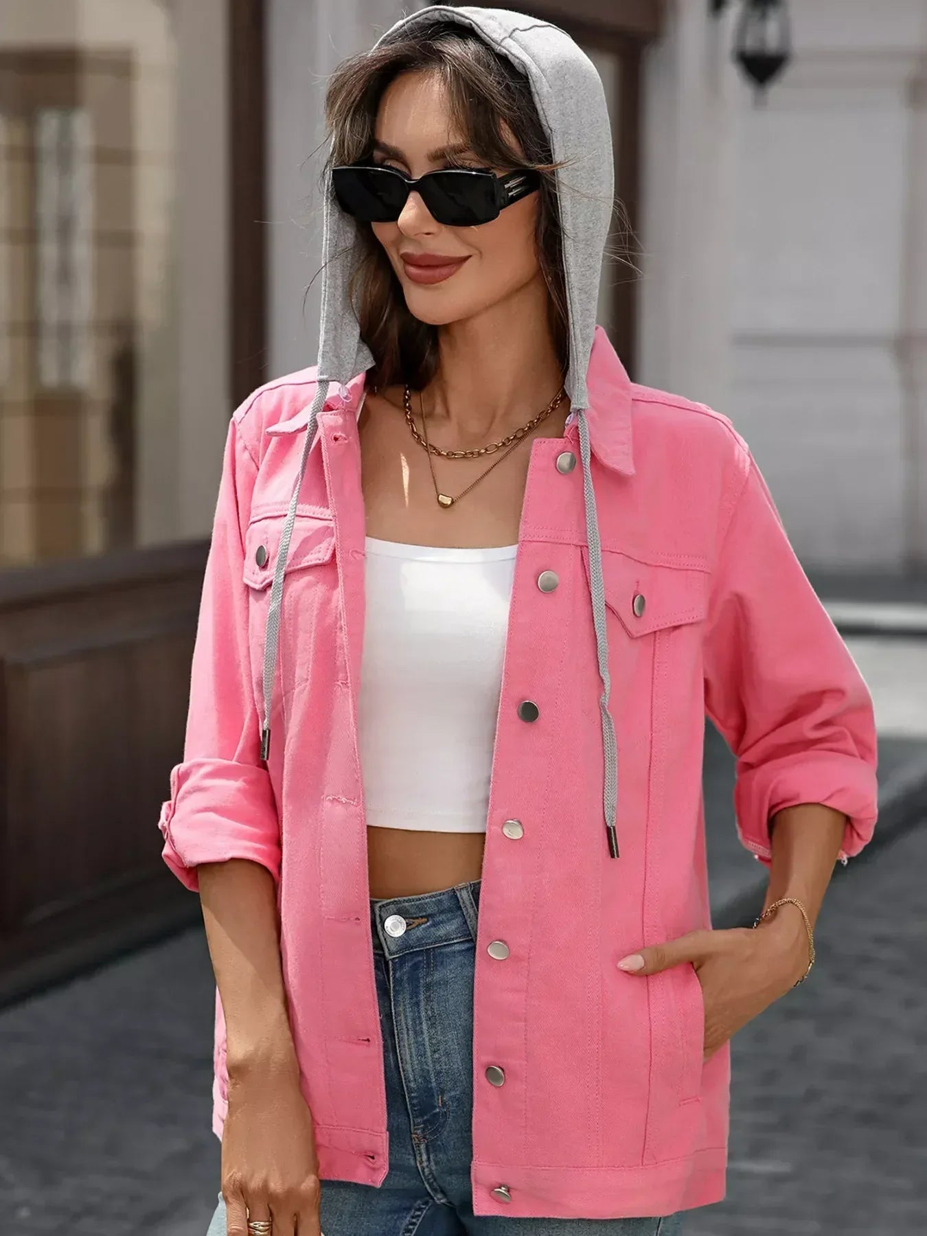 Button Up Long Sleeve Denim Jacket - DAVERRI FASHIONS