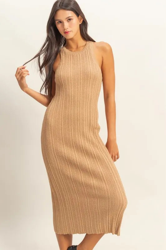 HYFVE Taupe Round Neck Bodycon Ribbed Knit Dress DARK TAUPE L Midi Dresses