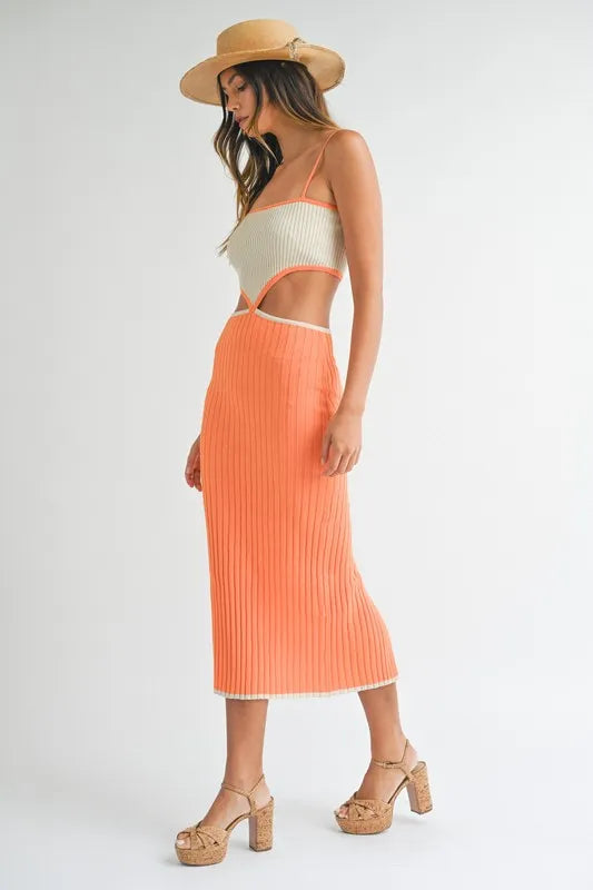 MABLE Ribbed Knit Color Block Cutout Midi Dress