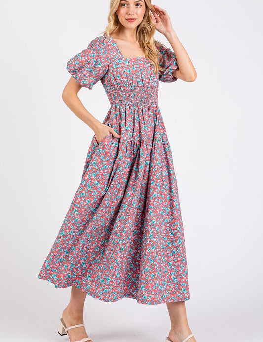 Mittoshop Smocked Floral Square Neck Puff Sleeve Midi Dress