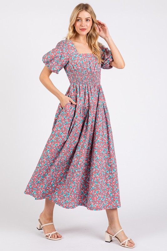 Mittoshop Smocked Floral Square Neck Puff Sleeve Midi Dress