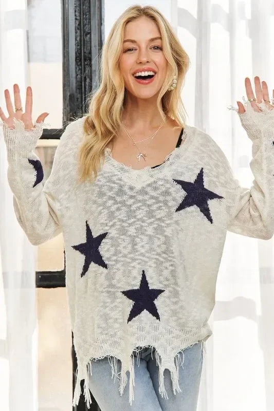 ADORA Distressed Star Sweater Top - DAVERRI FASHIONS