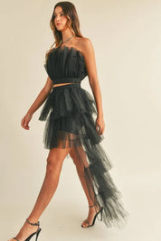 MABLE Tulle Tube Ruffle Crop Top and High Low Maxi Skirt Set | Outfit Sets Daverri Fashions