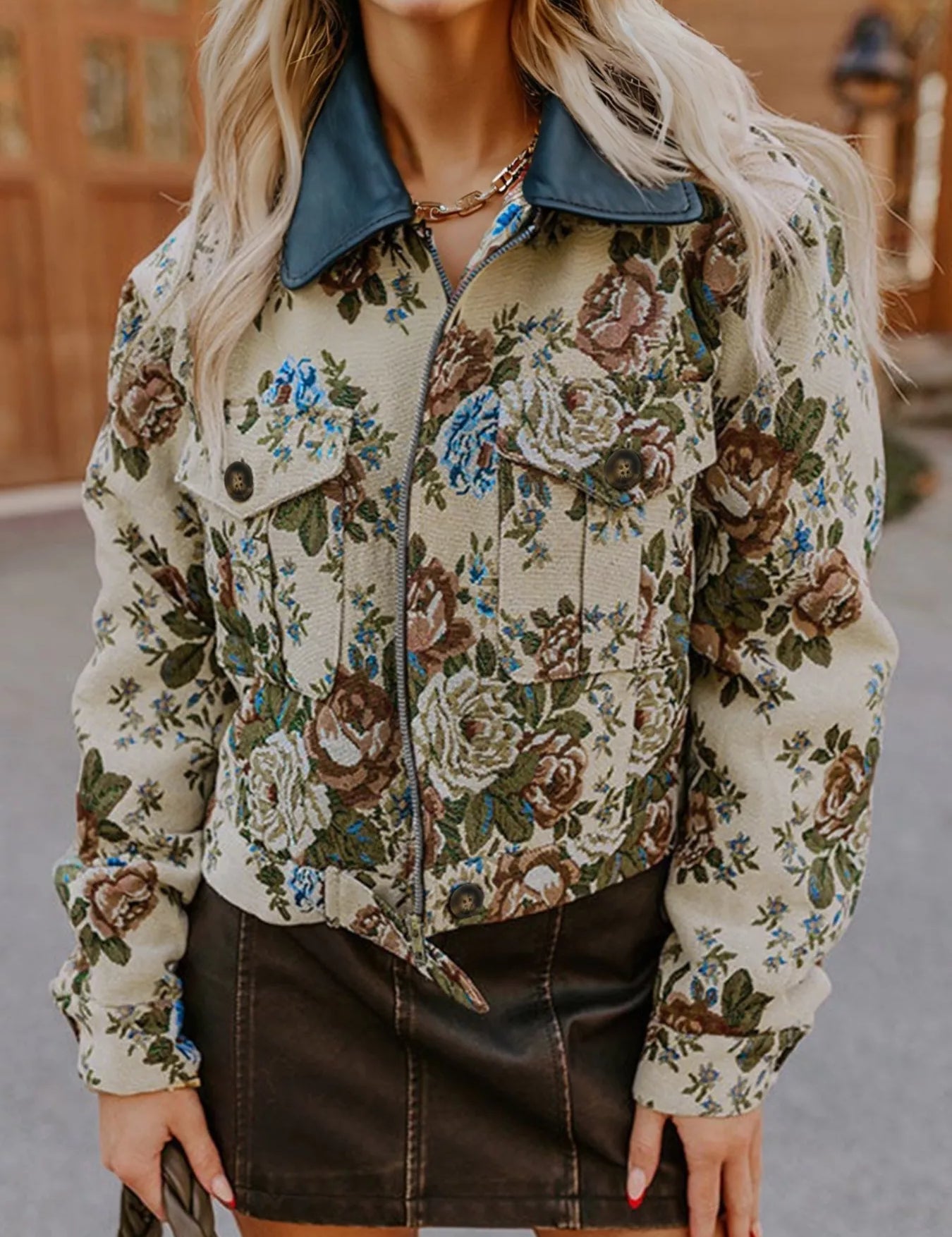 Floral Vintage Floral Print Zip Up Contrast Collared Jacket | Jackets Daverri Fashions
