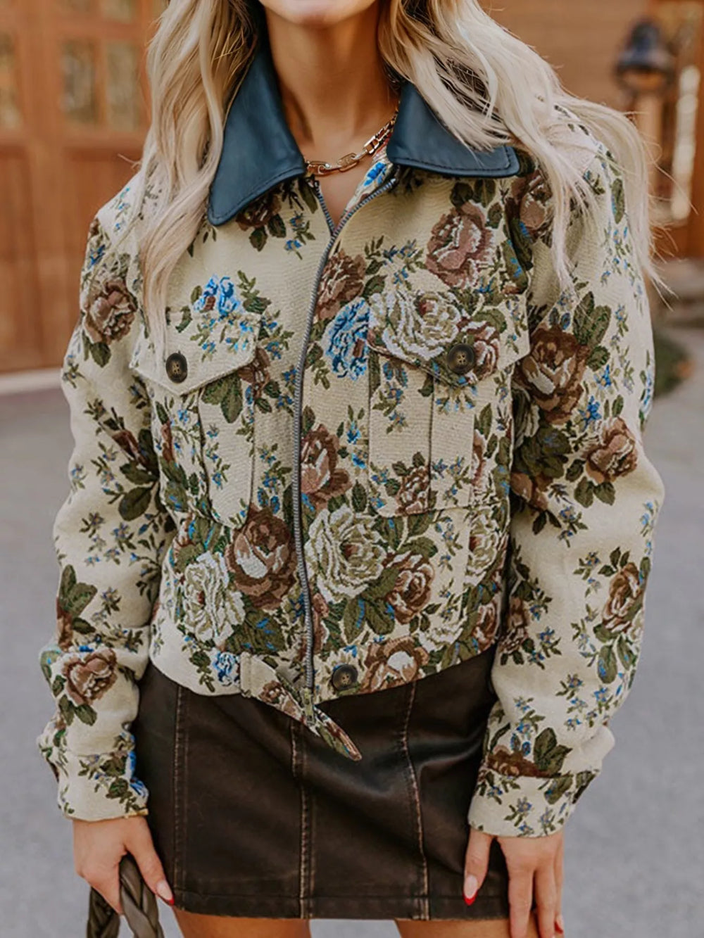 Floral Vintage Floral Print Zip Up Contrast Collared Jacket | Jackets Daverri Fashions