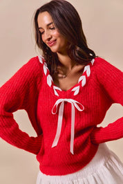 SO ME Satin Tape Braided Ribbon Tie V Neck Sweater | Sweaters Daverri Fashions