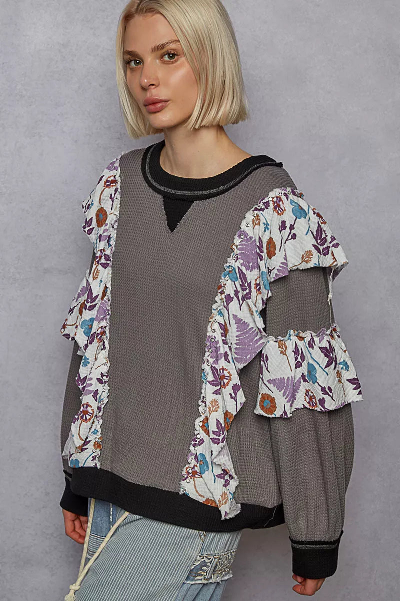 POL Round Neck Sweater with Floral Ruffle Detail | Sweaters Daverri Fashions