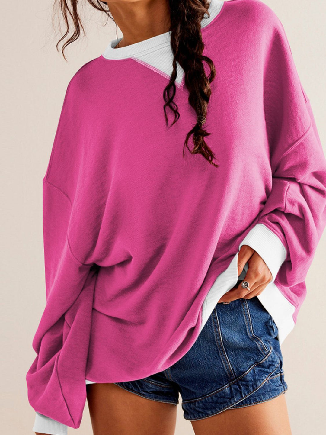 Contrast Trim Round Neck Long Sleeve Sweatshirt Tops