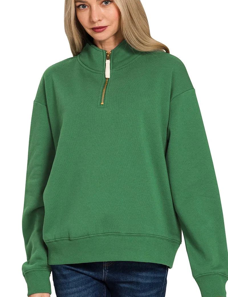 DK GREEN Zenana Fleece Half Zip Sweatshirt Dk Green | Sweatshirts Daverri Fashions