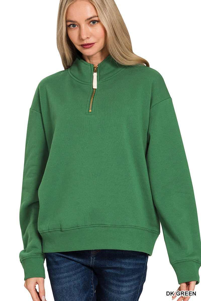 Zenana Fleece Half Zip Sweatshirt in dark green with gold zipper