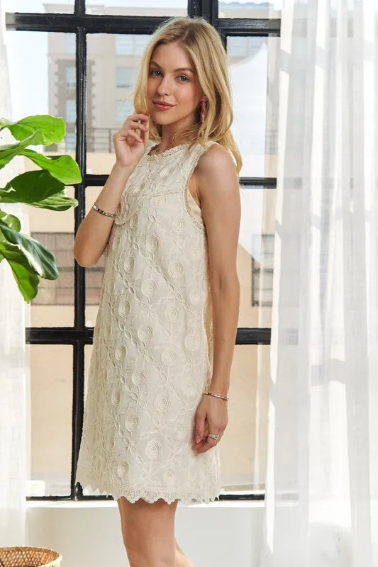 ADORA Applique Round Neck Sleeveless Shift Dress Mini Dresses