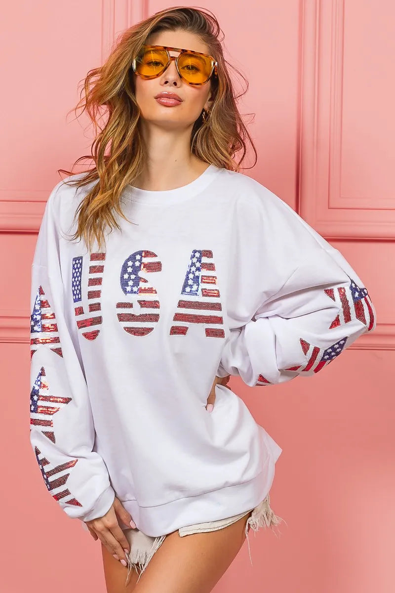 BiBi American Flag USA and Star Sequin Sweatshirt Sweatshirts
