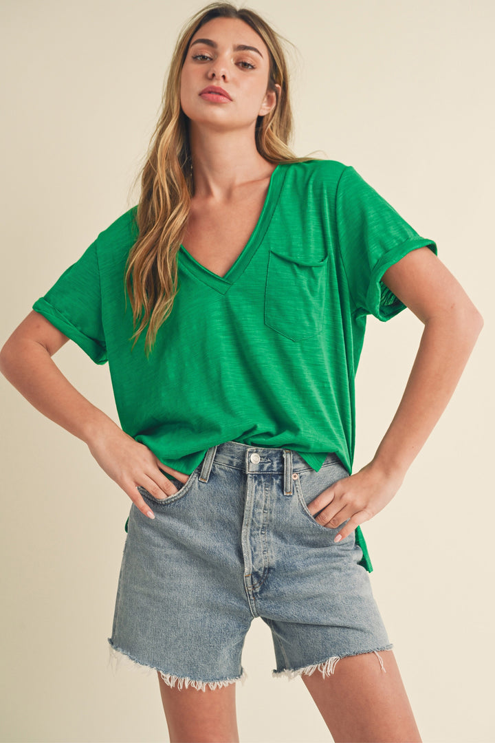 Aemi + Co Side Slit V-Neck Short Rolled Sleeve T-Shirt Green