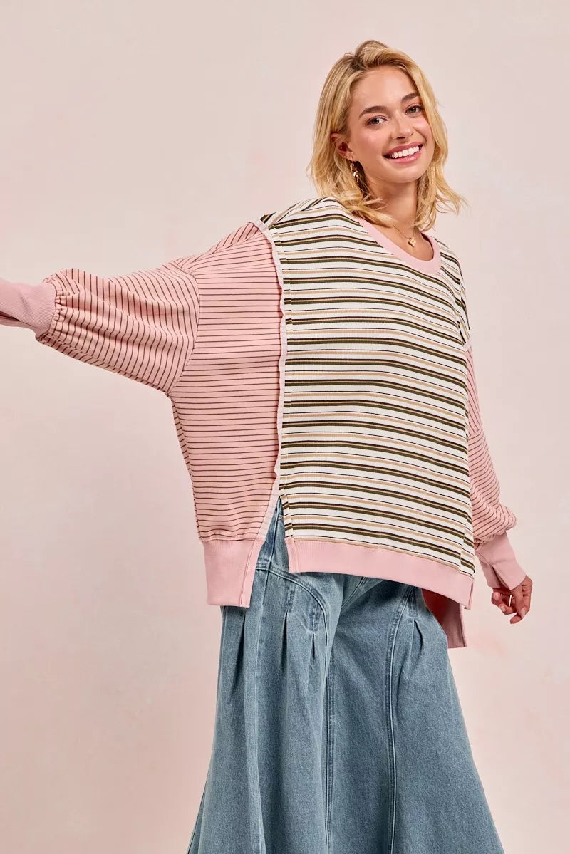 BiBi Stripe Mixed Top With Cut Edge And Reverse Outseam | Sweatshirts Daverri Fashions