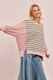 BiBi Stripe Mixed Top With Cut Edge And Reverse Outseam | Sweatshirts Daverri Fashions