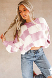 Checkered Bishop Sleeve Sweater | Sweaters Daverri Fashions