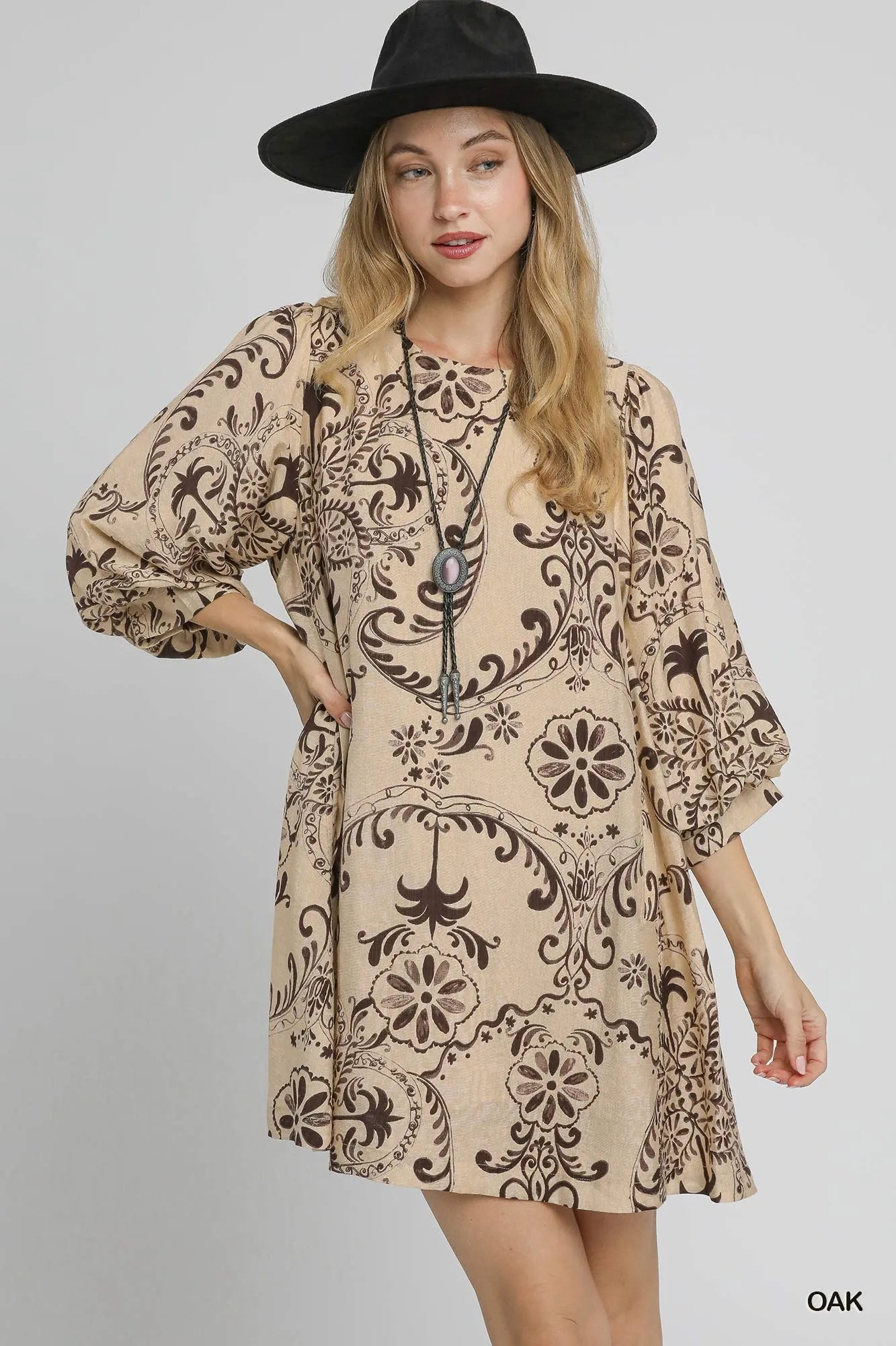 Umgee Boho Printed Balloon Sleeve Mini Dress OAK Mini Dresses