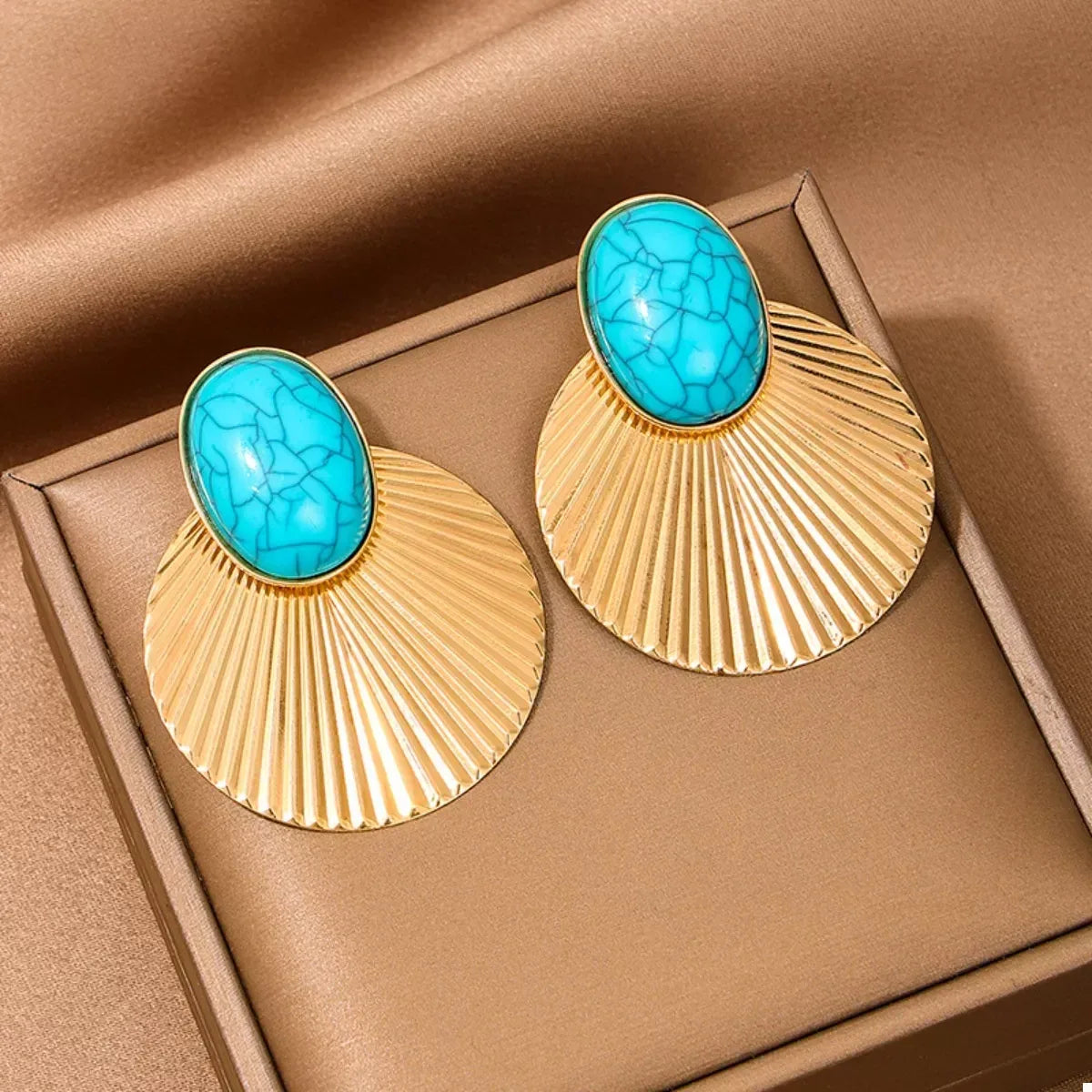 Turquoise Stone Fan Drop Earrings - DAVERRI FASHIONS