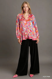 Umgee Full Size Satin Paisley Ruffle Neck Button-Up Shirt Plus Size | Shirts Daverri Fashions