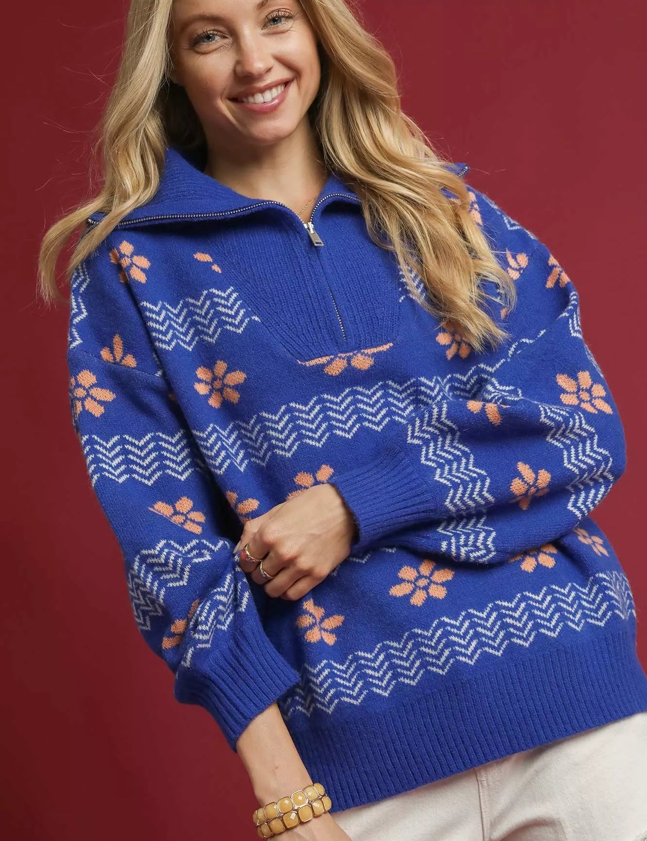Umgee Floral Patterned Jacquard Quarter-Zip Pullover Sweater Ocean | Sweaters Daverri Fashions