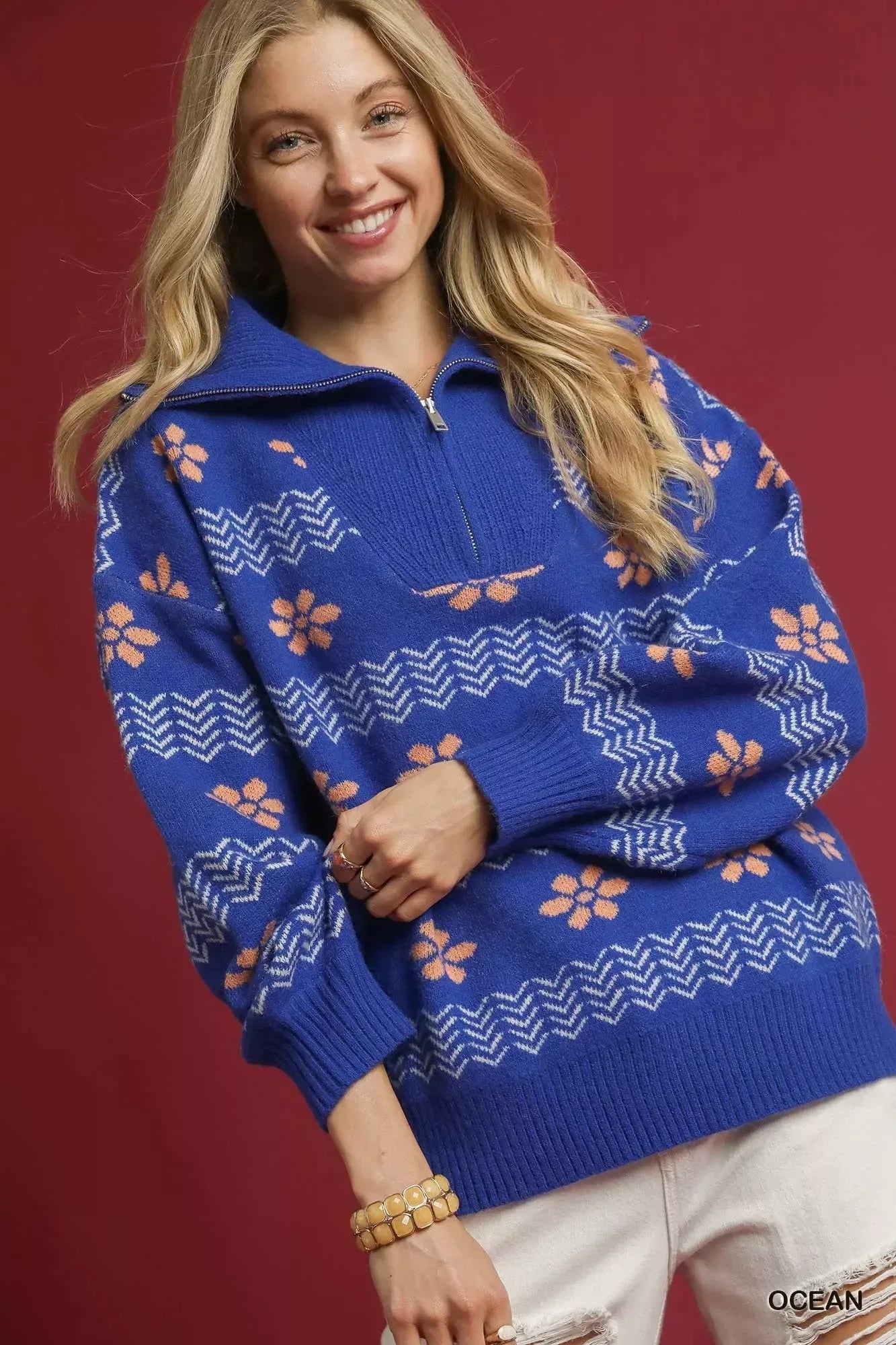 Umgee Floral Patterned Jacquard Quarter-Zip Pullover Sweater Ocean - DAVERRI FASHIONS